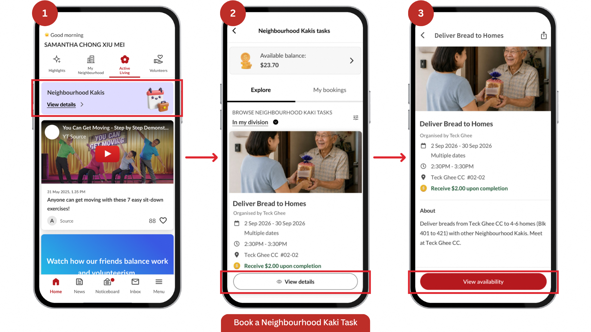 Three phone screens for Book a Neighbourhood Kaki Task (steps 1-3): Active Living page with View details highlighted, task list with View details highlighted, and task detail page with View availability button.